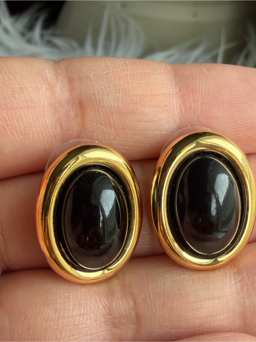 KJL - Kenneth Jay Lane | Vintage Gold-Tone Post Earrings w/ Black Oval Cabochon